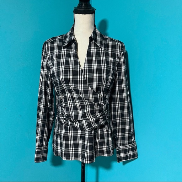 Talbots Tops - Talbots 12 Black Grey Plaid Faux Wrap Stretch Collared Long Sleeve Top